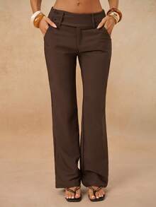 SHEIN BAE Petite Women's Fashion Dark Brown Winter Business Casual Office Vintage Elegant Minimalist Soft Pocket Flare Pants Back To School Season Autumn Long Pants - Brown - View 5