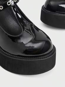 Sugerpunk Giày nữ thời trang đế dày, kiểu dáng punk, màu tối, mũi tròn, cổ thấp, có khóa cài, thích hợp cho mùa xuân và thu - Giày lười nữ thoải mái và đơn giản, thích hợp cho các bữa tiệc. - màu đen - Xem 4