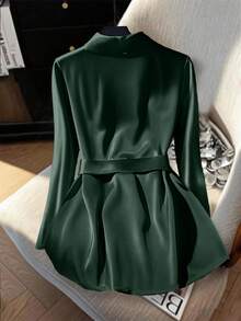 GlowEve CURVE Plus Size Women's Elegant Shawl Neck Belted Solid Color Shirt, Spring/Autumn - Dark Green - View 2