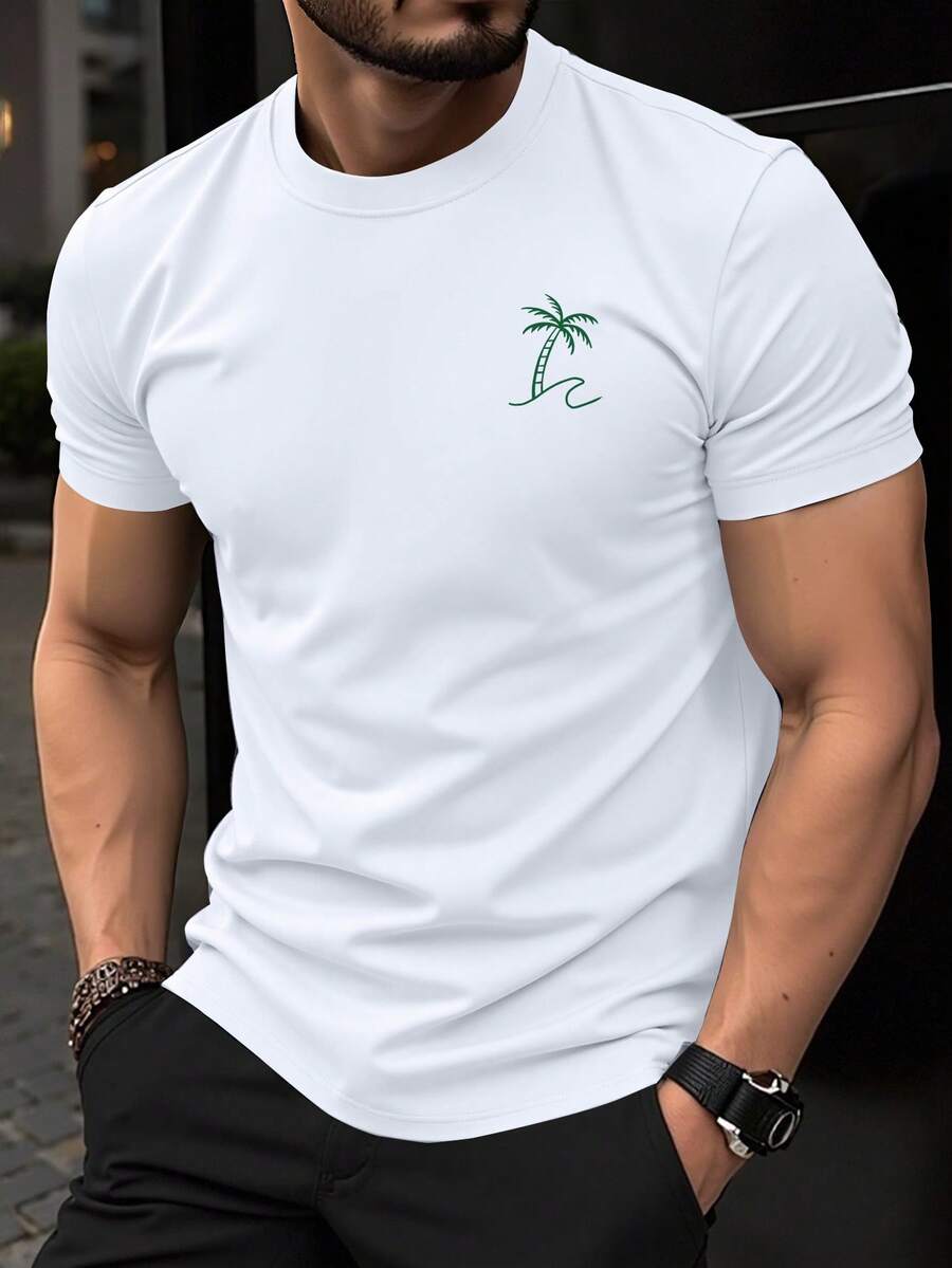 Manfinity Homme Men's Coconut Tree Print Round Neck Short Sleeve T-Shirt, Commuting & Casual Wear - White - View 1