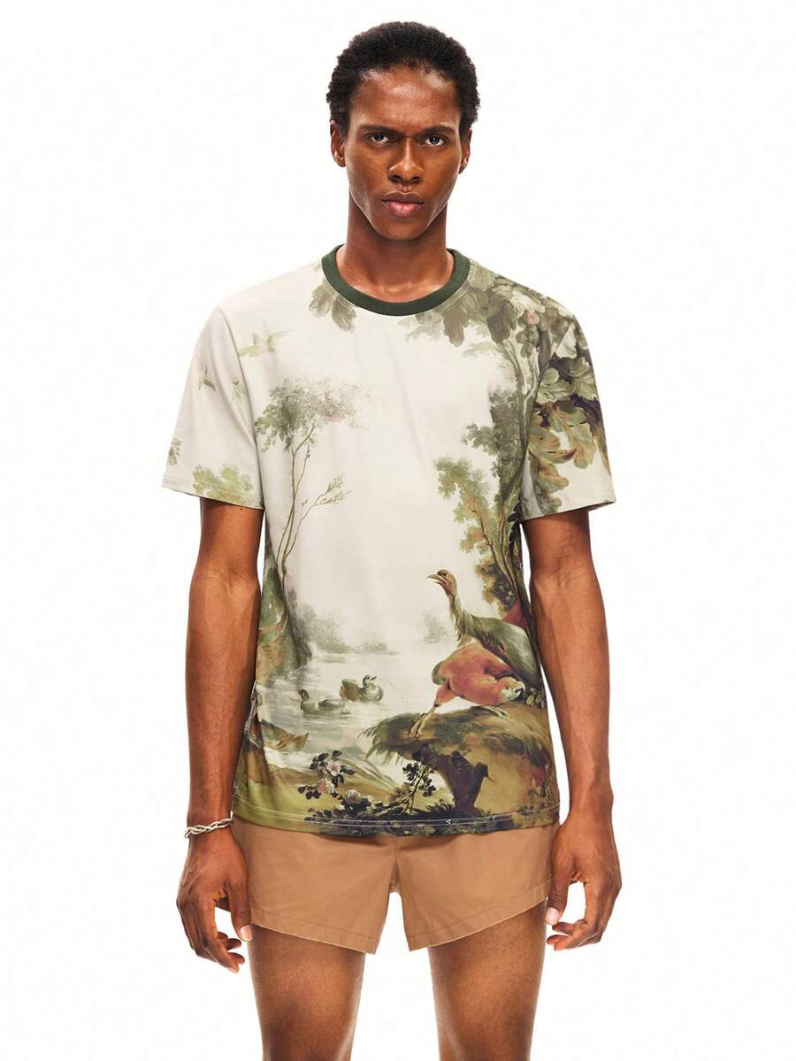 Rest Era Milk Silk Round Neck Short Sleeve T-Shirt, With Classical Landscape Painting Design, Artistic & Retro Vibe Men's Loungewear Top - Multicolor - View 1