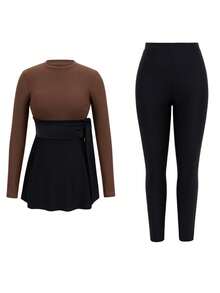 Swim Mulvari 2pcs Women's Black Modest Summer Beach Vacation Holiday Swimwear,Long Sleeve Tight Elegant Colorblock Swimsuit Paired With Skirt,Arabic Style Outfit - Black - View 2