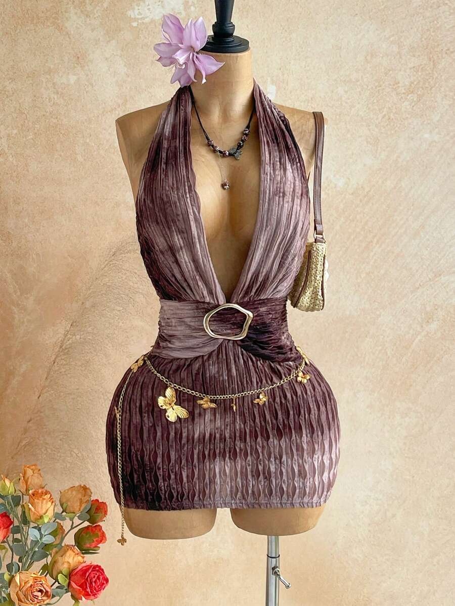 SHEIN WYWH 春夏新款休闲度假西部海滩婚礼宾客着装毕业早午餐圣帕特里克节春假复活节音乐节优雅波西米亚热带露背吊带针织纹理扎染金属装饰女士迷你连衣裙 - 棕色 - 查看 1