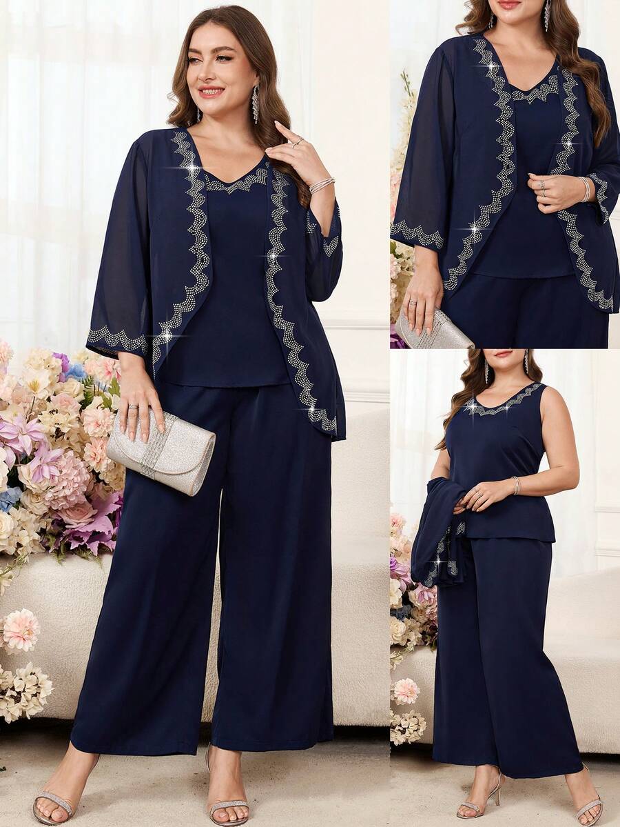 SHEIN Clasi Set de 3 piese pentru femei, mărime plus, cu bluză elegantă fără mâneci, cu decor de strasuri, pantaloni largi și jachetă, potrivit pentru primăvară, vară și toamnă - Albastru marin - Vizualizare 1