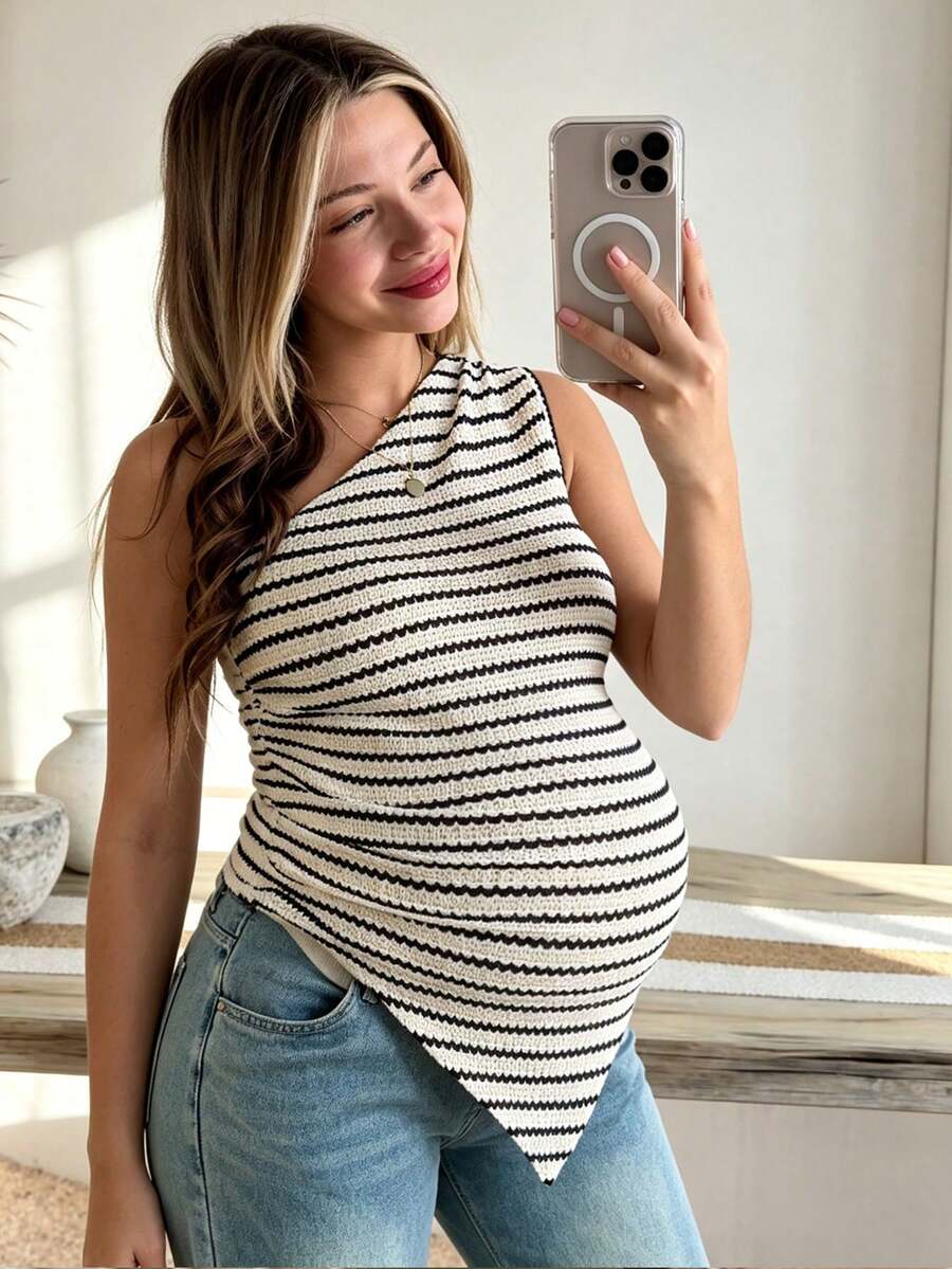 SHEIN 夏季孕妇休闲条纹不对称下摆无袖上衣 - 杏色 - 查看 1