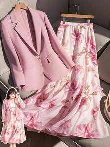 Plus Size Women's Fashionable Commuter Gentle Elegant Floral Print Blazer And Loose A-Line Skirt 2-Piece Set, Business Casual Outfit Blazer Set Women Skirt Suits For Women Two Pieces Women Sets Skirt Floral Blazer Blazer Skirt Set Spring Outfits For Women - Pink - View 1