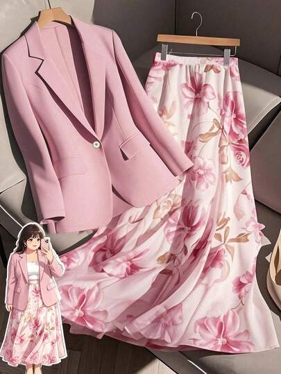 GlowEve CURVE Plus Size Women's Fashionable Commuter Gentle Elegant Floral Print Blazer And Loose A-Line Skirt 2-Piece Set, Business Casual Outfit Blazer Set Women Skirt Suits For Women Two Pieces Women Sets Skirt Floral Blazer Blazer Skirt Set Spring Outfits For Women