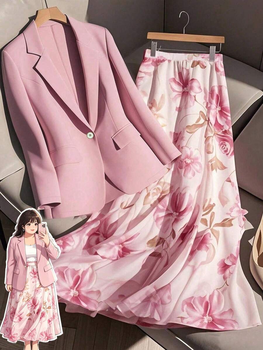 Plus Size Women's Fashionable Commuter Gentle Elegant Floral Print Blazer And Loose A-Line Skirt 2-Piece Set, Business Casual Outfit Blazer Set Women Skirt Suits For Women Two Pieces Women Sets Skirt Floral Blazer Blazer Skirt Set Spring Outfits For Women - Pink - View 1