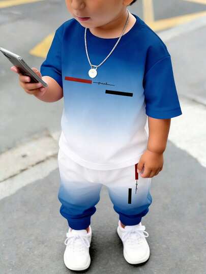 2pcs/Set Toddler Boys (6 Months - 2-3 Years) Casual Ombre Blue & White + Geometric Letter Print Short Sleeve T-Shirt + Jogger Pants, Lightweight Breathable Outfit For Daily Wear, School, Leisure, Spring/Summer/Autumn