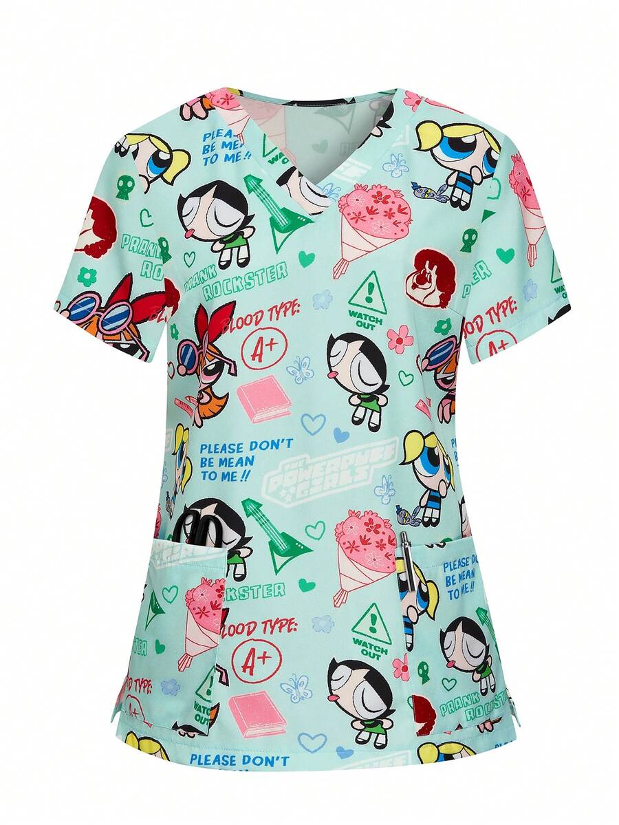 PopScrub THE POWERPUFF GIRLS X SHEIN 女士清新浅蓝色沙漠印花V领工作服,适合工作、通勤、护理等场合 - 彩色 - 查看 1