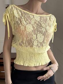 DAZY 女士黄色蕾丝半透明休闲系带衬衫，适合春夏、情人节、度假穿着 - 白色 - 查看 5
