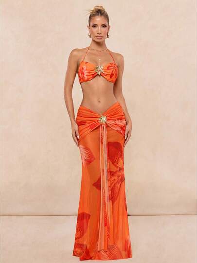 Lumalex Chân váy maxi đuôi cá in hoa phối phụ kiện kim loại dành cho nữ, thích hợp cho bikini và đồ bơi ở bãi biển hoặc khu nghỉ dưỡng.