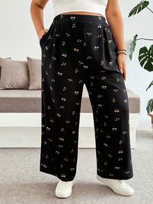 Plussiva Calça casual de uso diário com estampa total, plissada, Plus Size para gestantes - Preto - Visão 8