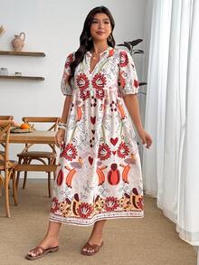 Enliva Vestido de vacaciones para mujer talla grande, vestido de manga corta con estampado divertido, para silueta de manzana y redondeada - Multicolor - Ver 4
