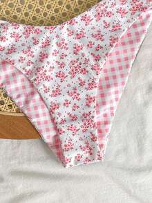 Kids Teen Girls Bikini Sets Summer Beach Holiday 2-Piece Random Floral & Plaid Print Triangle Halter Top And Bottom Set,Cute Pink Vacation Swimwear - Pink - View 4