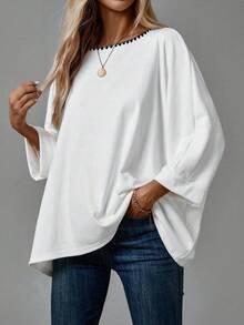 EMERY ROSE 2pcs/Set Casual Shell Flower Crafted Plus Size Women T-Shirts, Black & White, Suitable For Summer Vacation Fall - Black and White - View 6