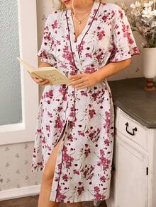 SHEIN Áo choàng kimono cỡ lớn có bèo nhún in hoa - Màu Đỏ Sâu - Xem 3