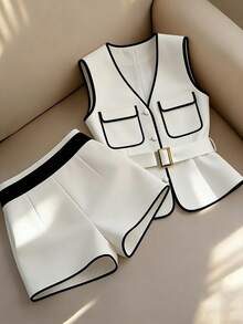 Franclia Women's Casual Patchwork Color Single-Breasted Top And Shorts Set - White - View 1