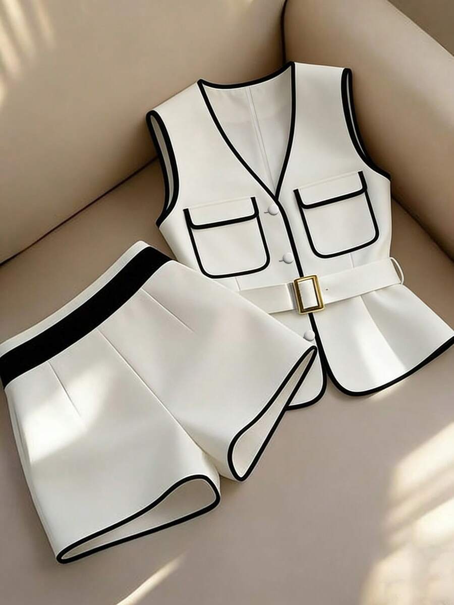 Franclia Women's Casual Patchwork Color Single-Breasted Top And Shorts Set - White - View 1