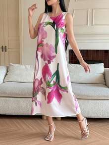 Đầm nữ thanh lịch in hoa, cổ tròn, không tay, dài ngang gối, thích hợp cho mùa hè. - Hồng - Xem 4