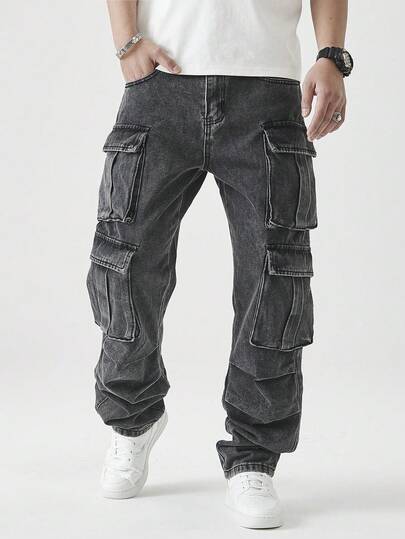 Manfinity EMRG Pantalones vaqueros cargo de mezclilla lavada casuales para hombres de talla grande
