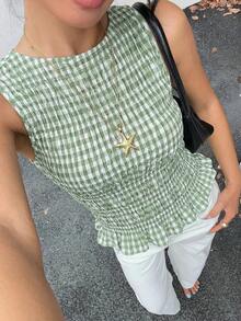 Siren Gaze 夏季优雅休闲格纹上衣，绿色，无袖荷叶边褶皱吊带背心，适合海滩度假派对穿着。这款绿白格纹夏季上衣，是女士夏季上衣、休闲衬衫、夏季服装和夏季套装的理想之选。 - 薄荷綠 - 查看 1