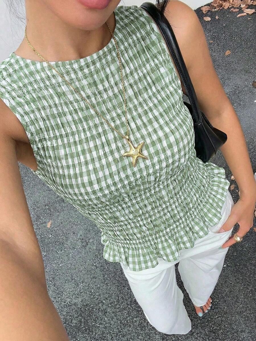 Siren Gaze 夏季优雅休闲格纹上衣，绿色，无袖荷叶边褶皱吊带背心，适合海滩度假派对穿着。这款绿白格纹夏季上衣，是女士夏季上衣、休闲衬衫、夏季服装和夏季套装的理想之选。 - 薄荷綠 - 查看 1