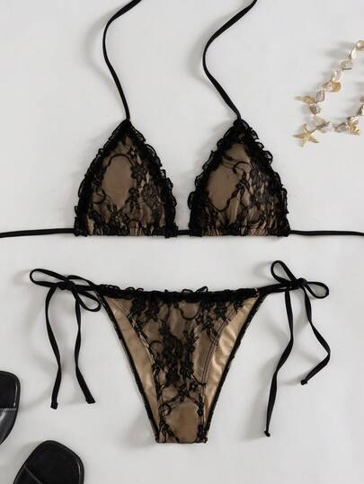 Swim Vcay Women's Black Lace Halter Bikini 2 Pieces Swimsuit Set, Sexy Beach Vacation Premium Look