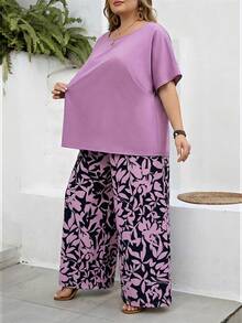 SHEIN CURVE+ Curve 尺码 US22 音乐节、海滨度假、波西米亚风两件套女士度假宽松衬衫和碎花长裤套装 夏季套装 - 紫色 - 查看 6
