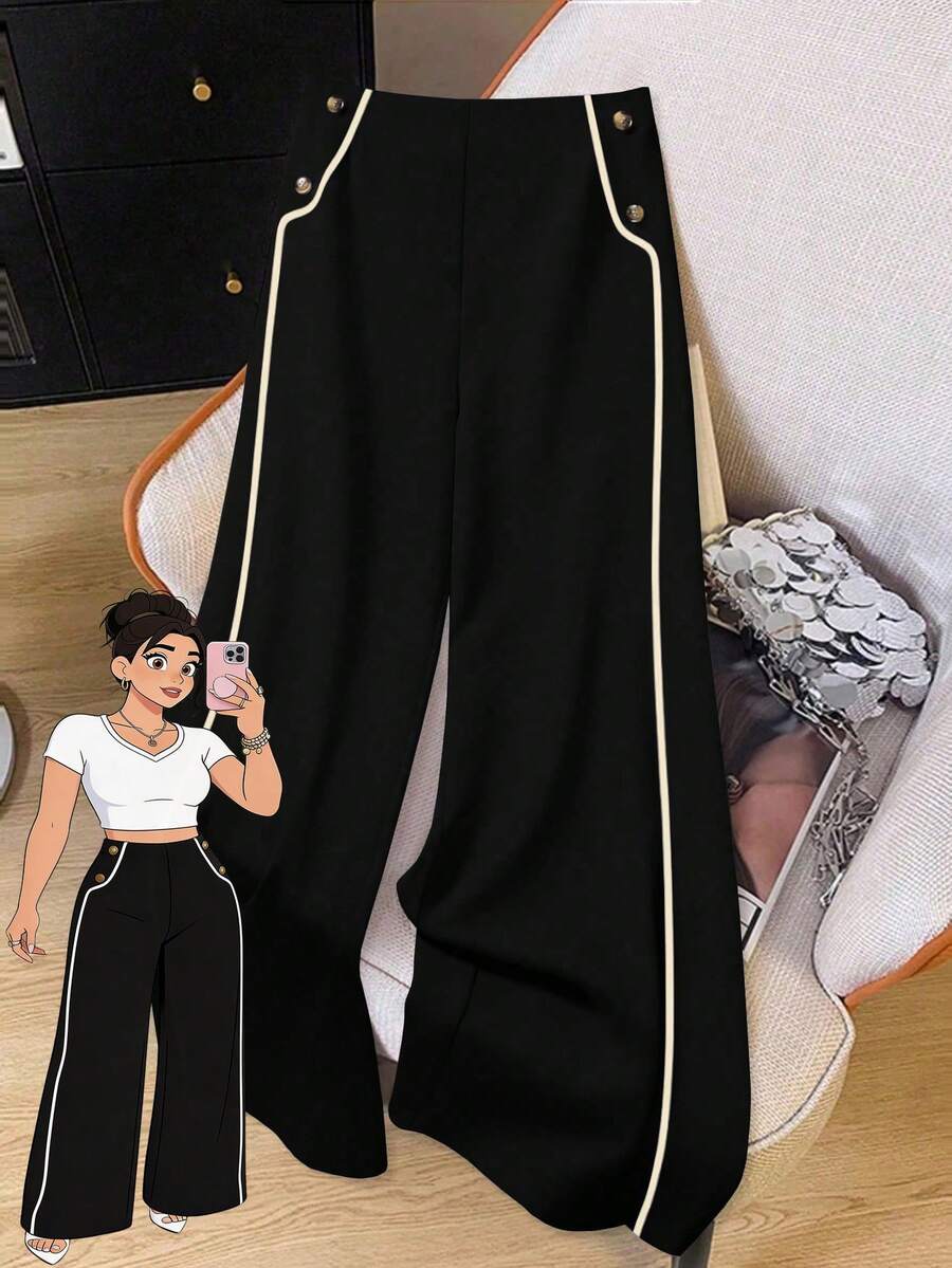 大码女式休闲撞色直筒裤 - 黑色 - 查看 1