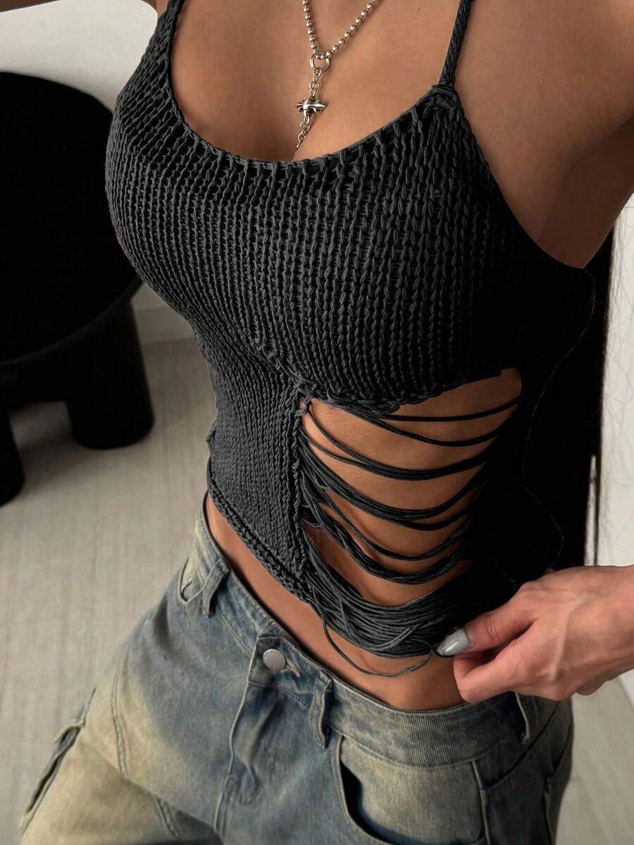 StreetHx Women Streetwear Solid Color Hollow Out Distressed Sleeveless Casual Knit Top, Spring/Summer - Black - View 1