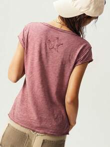 Bohemela 女士纯色V领短袖修身水洗T恤，夏季复活节 - 藕粉色 - 查看 2