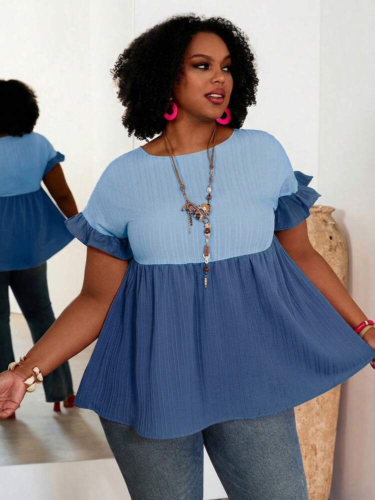 Plus Size Women Contrast Color Round Neck Loose Fit Smock Blouse,Country Casual Vacation Outfits Woman,Simple And Fashionable For Everyday Wear,Summer Tops Women,Summer Outfits For Women,Vacay Outfits Women