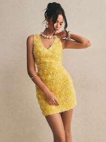 Poéselle Women's Backless Tie V-Neck Solid Color Sleeveless Mini Dress,Summer Dresses For Women - Yellow - View 9