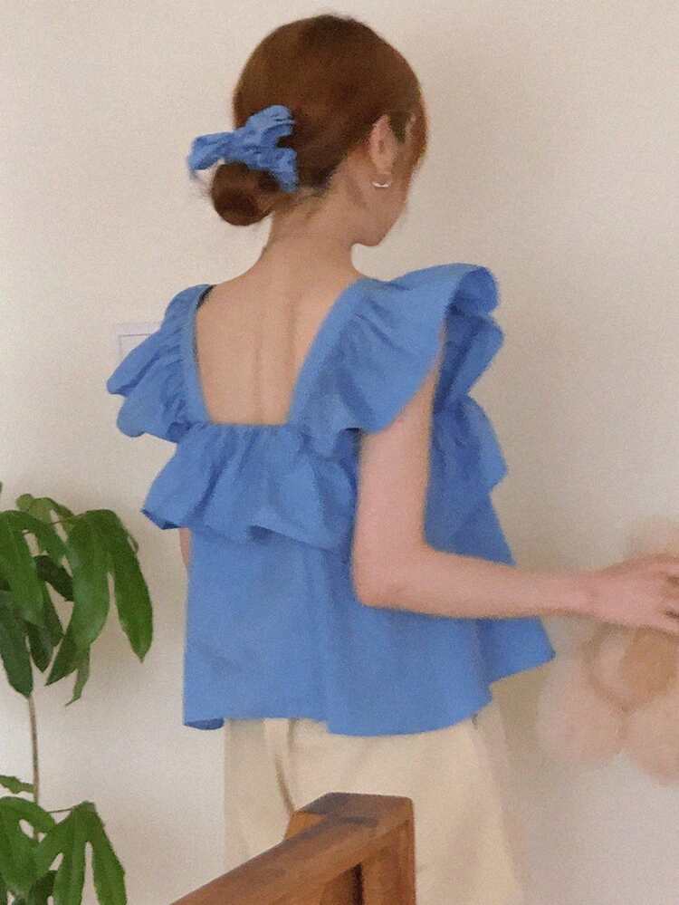 Women's Casual Solid Color Ruffle Hem Blouse, Summer