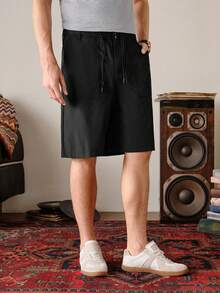 Black Color Men's Casual Solid Color Pocket Loose Versatile Shorts Old Money, Woven, With Button & Drawstring, Urban Utility, Father's Day Gift For Father & Boyfriend, Outfits For Men - Black - View 6