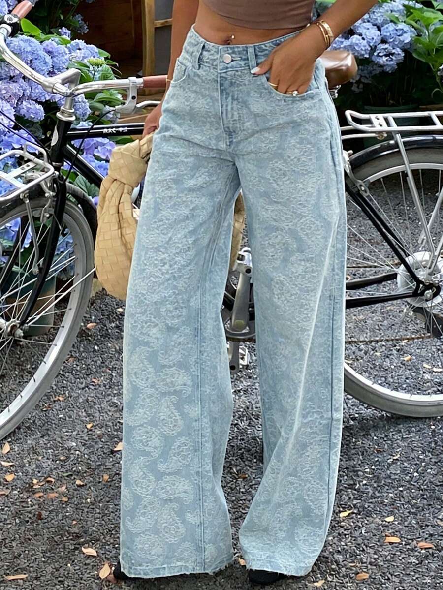DAZY 女士纹理印花宽松直筒牛仔裤，适合春夏穿着 - 藍色 - 查看 1