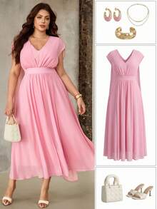 Roveilla Plus Size Women's Blush Pink Summer Elegant Formal Wedding Ninang Maxi Dress,Chiffon Shirred Waist Drop Shoulder French Boho Wrap Dresses - Pink - View 7