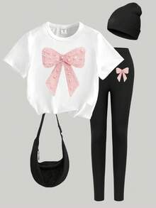 Bộ 2 món cho bé gái, gồm áo thun và quần legging in họa tiết nơ và ngọc trai, kiểu dáng thường ngày thanh lịch, thoải mái cho mùa xuân, hè và thu. - Nhiều màu - Xem 3