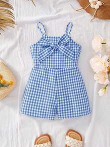 Bộ áo liền quần kẻ caro dễ thương cho mẹ và bé, có nơ, thích hợp cho mùa hè. - Xanh và trắng - Xem 2