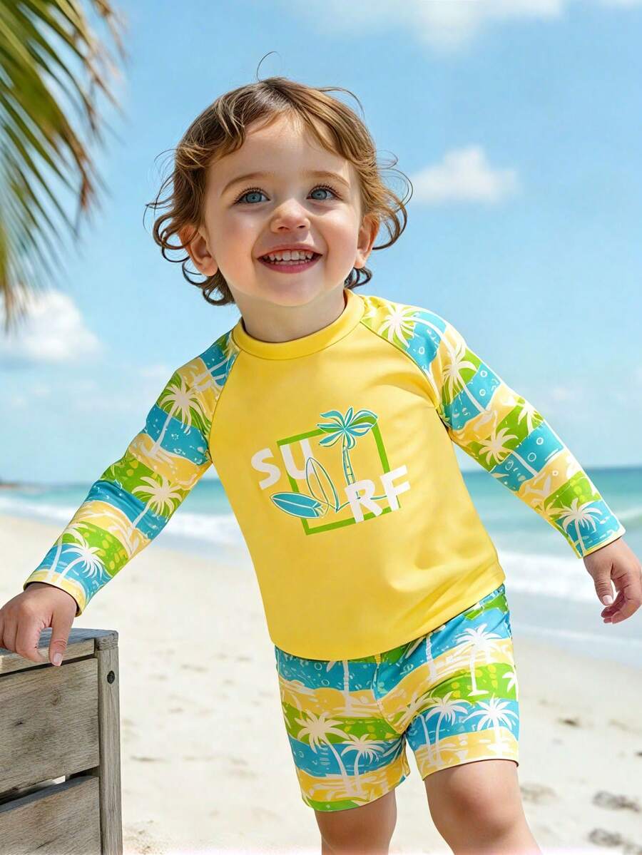 Bộ đồ bơi 2 mảnh thời trang mới cho bé trai, áo dài tay và quần short, thiết kế in kỹ thuật số. - Nhiều màu - Xem 1