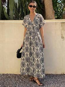 FRIFUL Women's Casual Vacation All-Over Print Dress Sundress Boho - Black and White - View 12