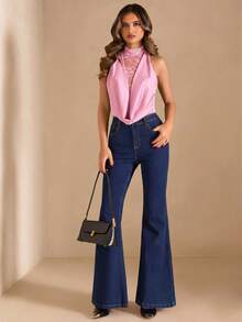 SHEIN BAE Combinaison élégante pour femmes avec empiècement en dentelle, col ras-du-cou. Coupe moulante et sexy. Convient pour cocktail, rendez-vous romantique, rassemblement, fête, Saint-Valentin, printemps/été - Rose pâle - Voir 3