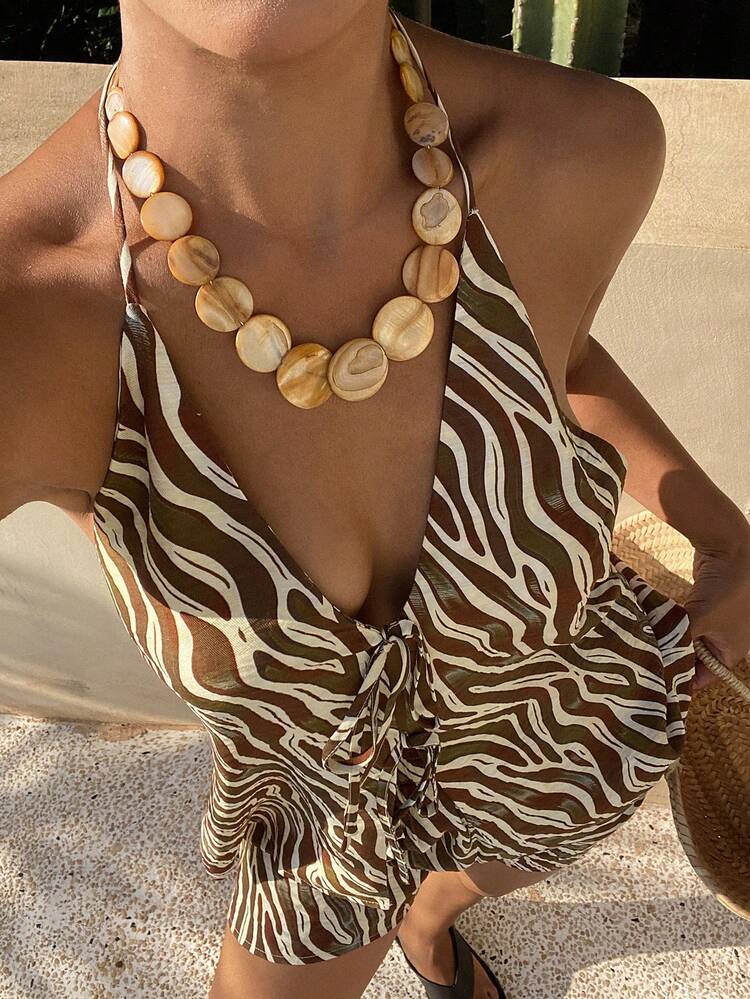 Spaghetti Strap V-Neck Zebra Print Backless Tie-Up 2 Pieces Set For Women