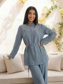 Women's Stand Collar Long Sleeve Top And Wide Leg Pants Casual 2 Pieces Set - Blue - View 6