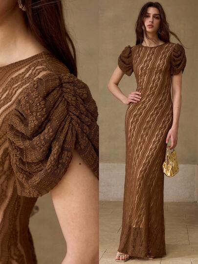 MOTF PREMIUM FASHIONABLE DESIGN SENSE COFFEE COLOR ROUND NECK WRINKLED SLEEVE FITTED SLIM BODYCON DRESS