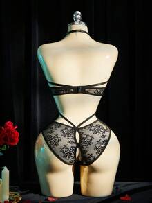 SpicyHot Body de encaje negro con diseño floral calado y botones, lencería sexy para mujer, adulta, para luna de miel, cita, lencería de encaje sexy, conjunto de lencería, atuendo sexy - Negro - Ver 9