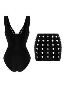 Swim Oasis 夏季新款激光镂空深V领露背性感连体泳衣连衣裙，高端女士泳装套装 - 黑色 - 查看 2