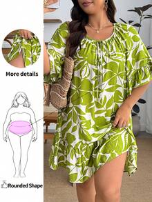 Enliva Damen Große Größen Sommer Casual Strand Urlaub Blume Muster Raglanärmel Krawattenkragen Rüschensaum Locker Kleid, für Apfel- und Rundkörperform - Grün - Übersicht 1