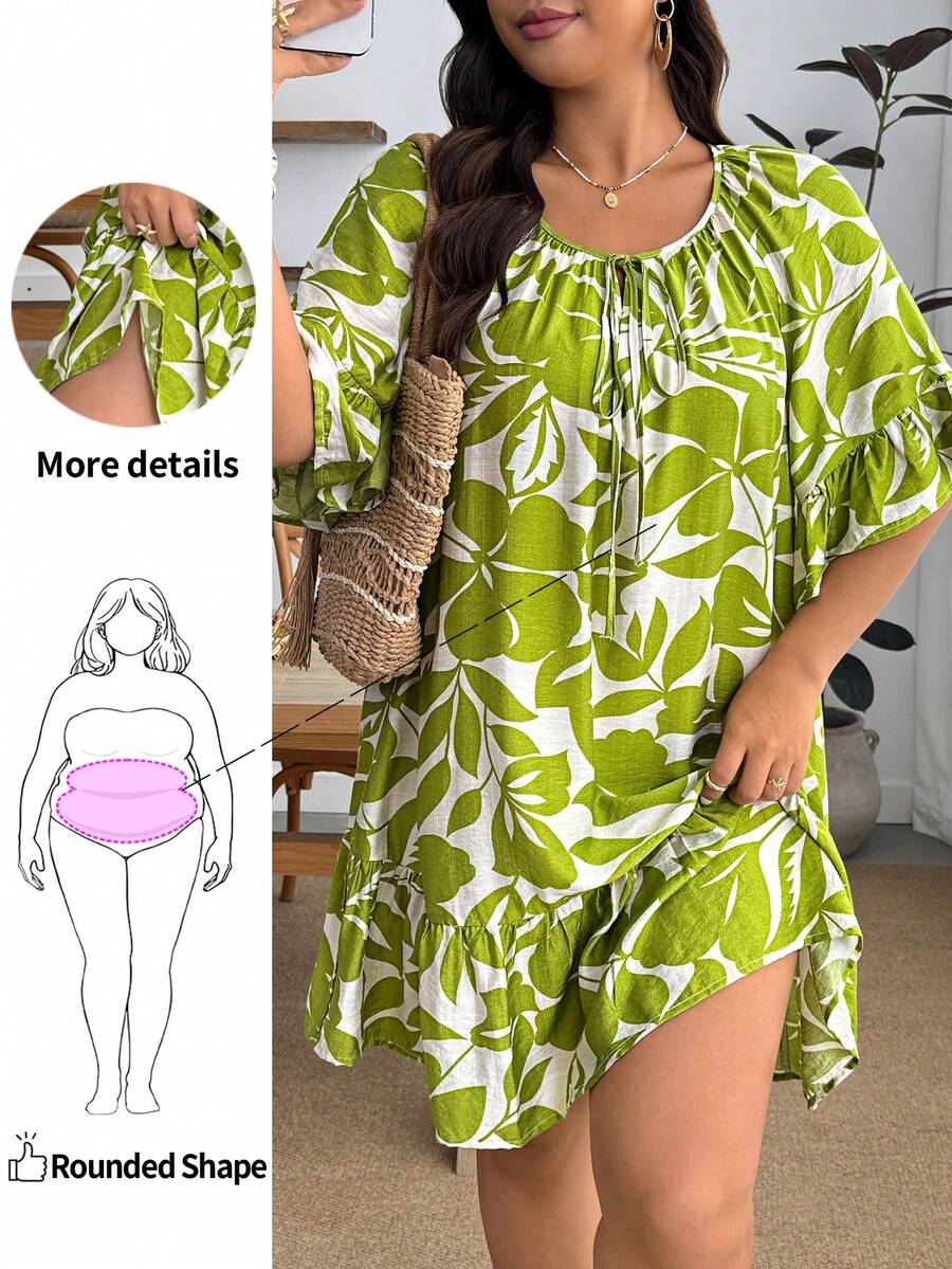 Enliva Damen Große Größen Sommer Casual Strand Urlaub Blume Muster Raglanärmel Krawattenkragen Rüschensaum Locker Kleid, für Apfel- und Rundkörperform - Grün - Übersicht 1